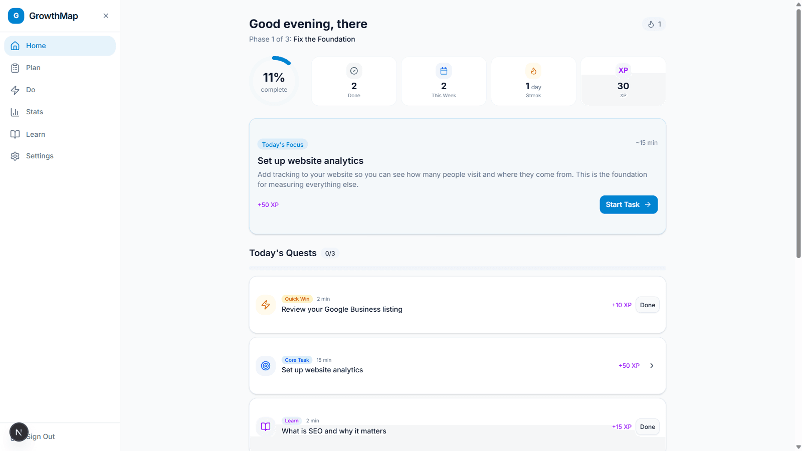 GrowthMap dashboard with a focused daily marketing task and three daily quests